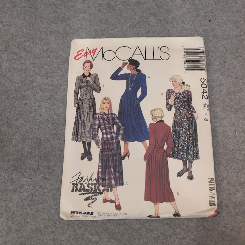 McCalls 5042 Vintage 1990 Misses verlaagde taille jurk naaipatroon maat 8 VG afbeelding 1