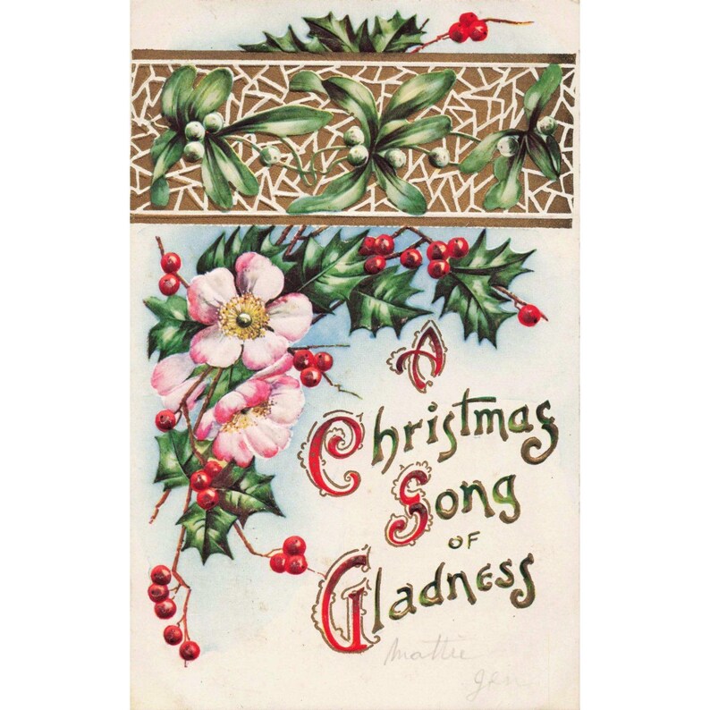 Antique Embossed Christmas Postcard Song of Gladness Holly Mistletoe Pink Roses image 1