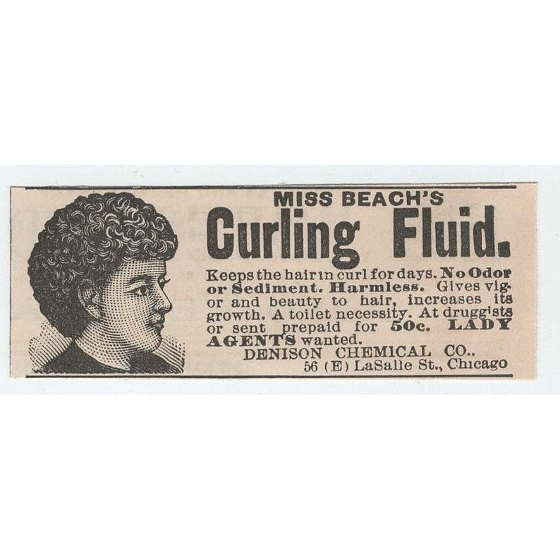 Antieke advertentie uit 1891 voor Miss Beach's Curling Fluid van Denison Chemical Co., Chicago. afbeelding 1
