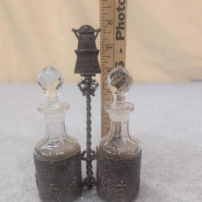 Vintage Dutch Windmill Cruet Set Glass Bottles Ornate Metal Caddy Village Scene image 2