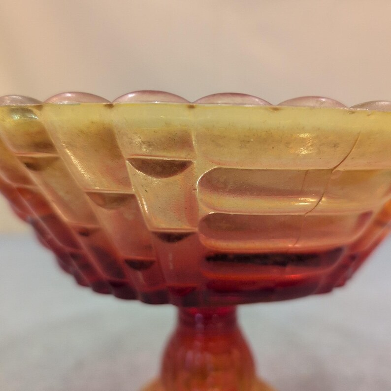 Vintage Amberina Glass Basketweave Compote Footed Candy Dish Red Yellow Scallop image 4
