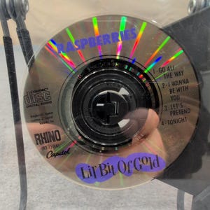 Puede incluir: Un disco compacto de Raspberries, titulado "Lil' Bit Of Gold". El CD tiene una superficie reflectante con el nombre de la banda en azul y una lista de canciones visible. También están presentes los logotipos de Rhino y Capitol Records.