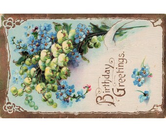 Carte postale vintage d'anniversaire - Motif floral myosotis et lys - Allemagne - Série 24