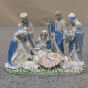 Vintage Style Blue and White Ceramic Nativity Scene Figurine Holy Family Lambs image 1