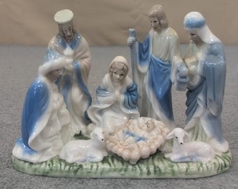 Vintage Style Blue and White Ceramic Nativity Scene Figurine Holy Family Lambs