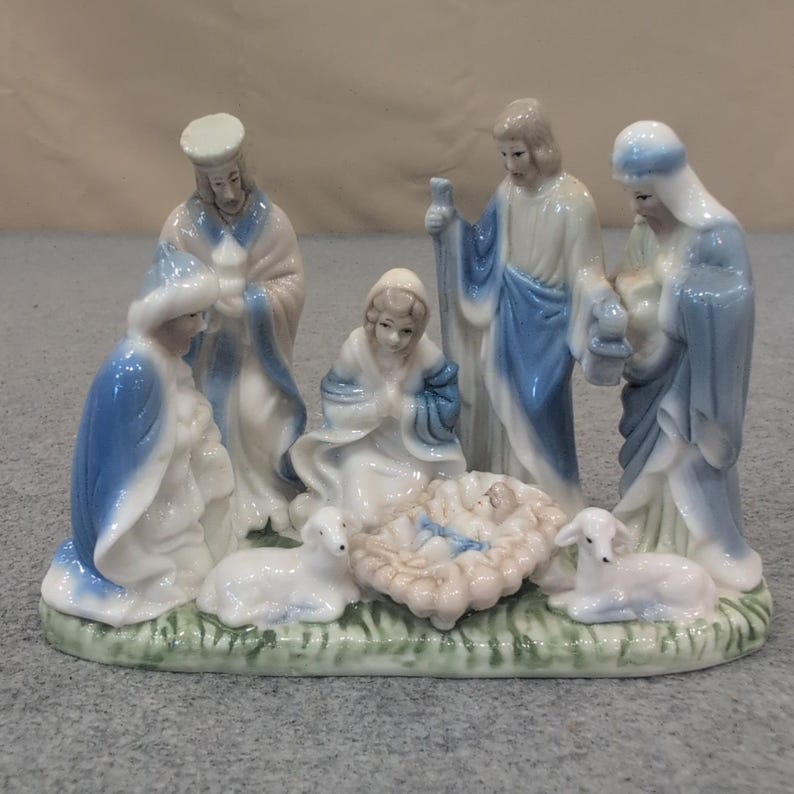 Vintage Style Blue and White Ceramic Nativity Scene Figurine Holy Family Lambs image 1