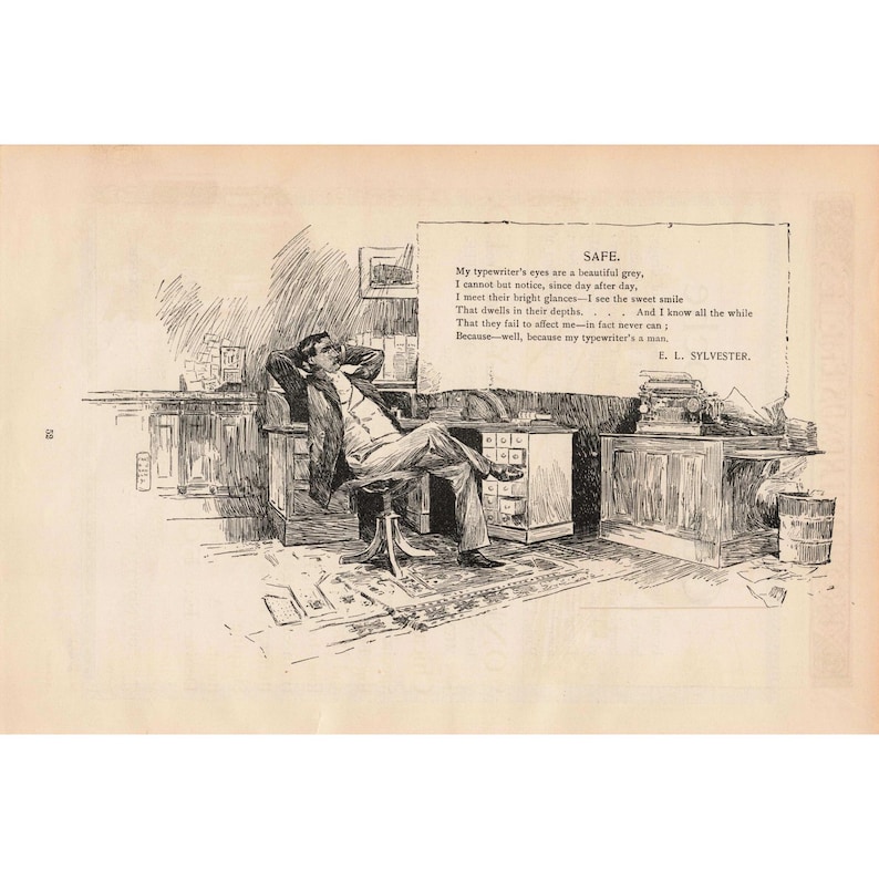 Caja fuerte con impresión antigua de la revista Scribners de 1891, poema de E. L. Sylvester, oficina victoriana imagen 1