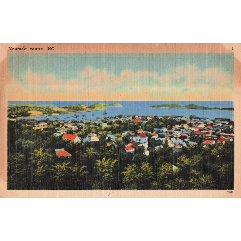 Postal vintage de la década de 1940 del centro de Noumea, Carolina del Norte. Vista panorámica de la ciudad y la bahía de Nueva Caledonia. imagen 1