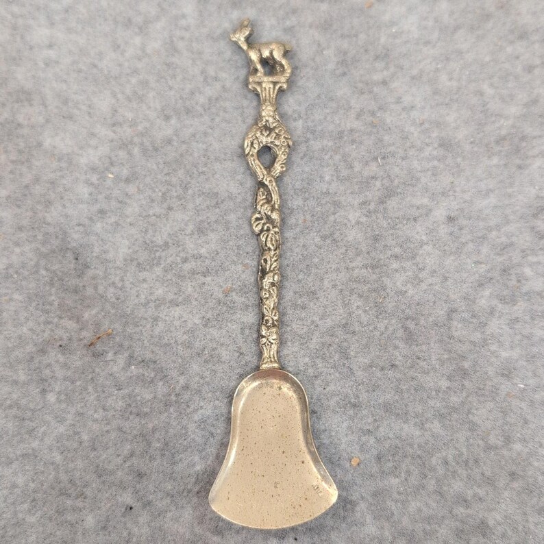 Vintage Figural Deer Souvenir Spoon Bell Shaped Bowl Ornate Silver Tone Metal image 2