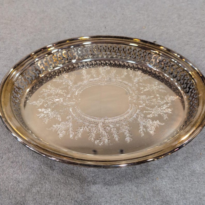 Oneida Silver Plate Oval Pierced Gallery Tray Etched Floral Made in USA image 2