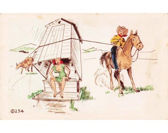 Vintage Kromekolor Comic Postcard Cowboy Outhouse Humor Noble Colorado Springs