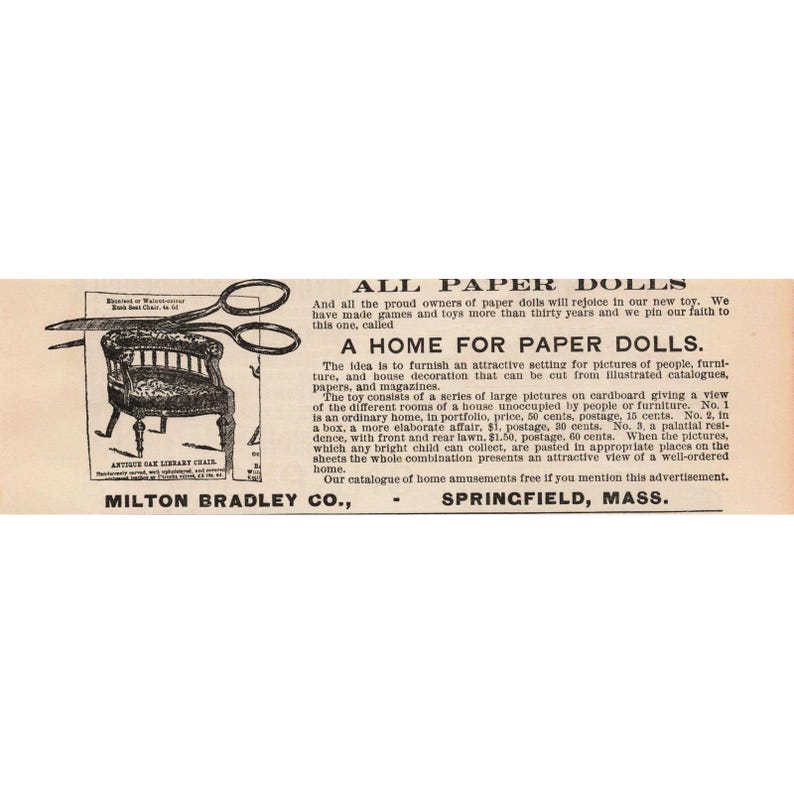 1891 Milton Bradley Co All Paper Dolls A Home For Paper Dolls Print Ad image 1