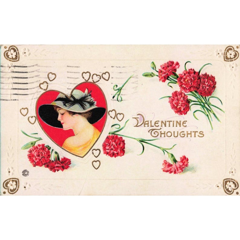 Vtg 1922 Stecher Litho Valentine Thoughts Postcard RPPC Woman Heart Carnations image 1