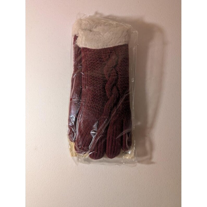 Vintage Sears Roebuck Cable Knit Gloves Burgundy Faux Fur Trim New Sealed image 2