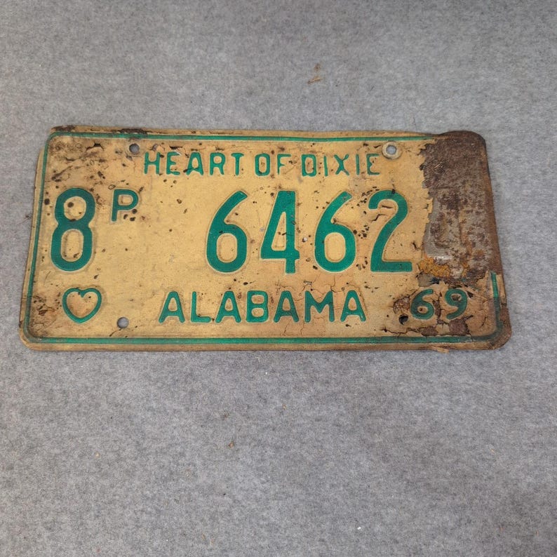 1969 Alabama Heart of Dixie License Plate Yellow Green Vintage 8P 6462 image 1