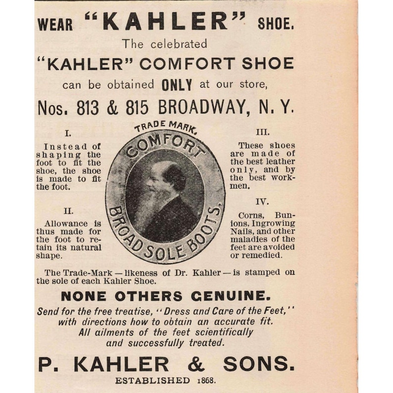 Anuncio antiguo impreso de zapatos Kahler Comfort, 813-815 Broadway, Nueva York, 1868 imagen 1