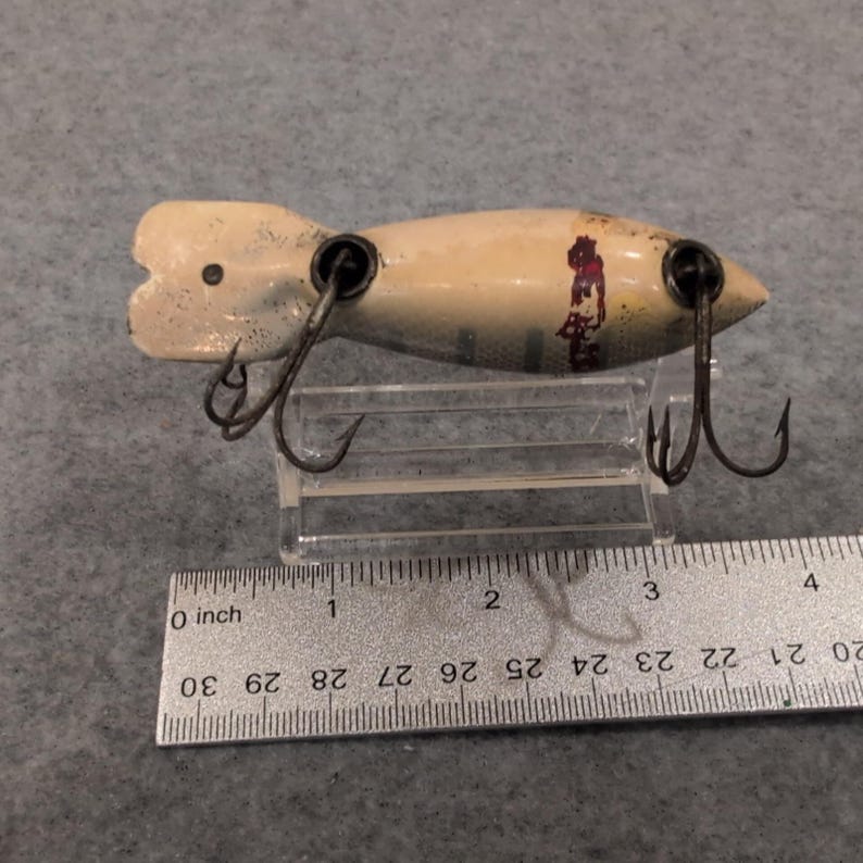 Vintage Wooden Bomber Fishing Lure Realistic Fish Design Orange Eyes image 4