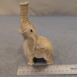 Vintage 1979 Terrence Enterprises Ceramic Elephant Figurine Trunk Up Tan Glaze image 3