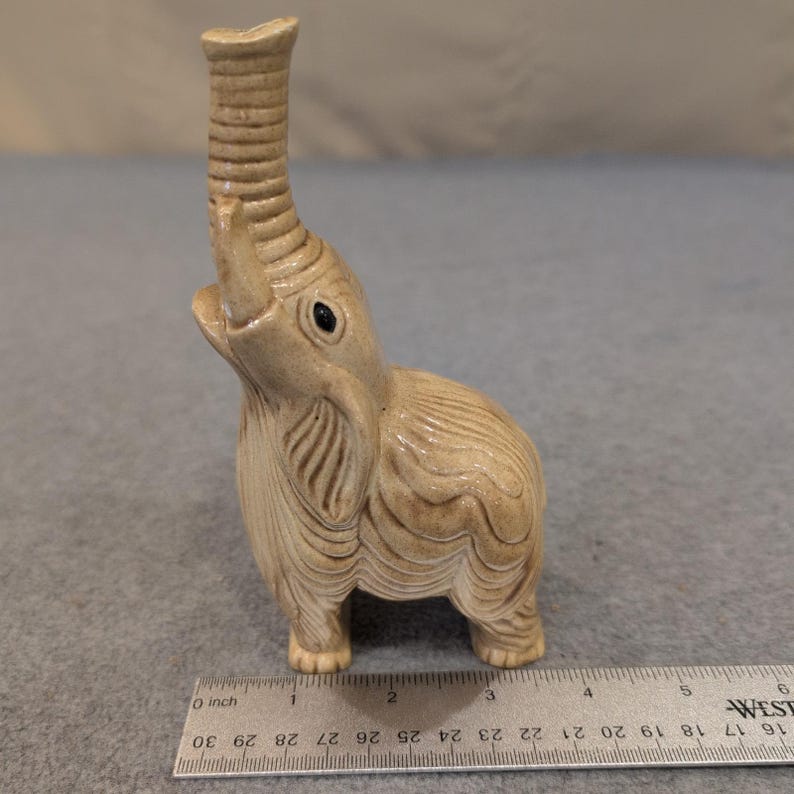 Vintage 1979 Terrence Enterprises Ceramic Elephant Figurine Trunk Up Tan Glaze image 3