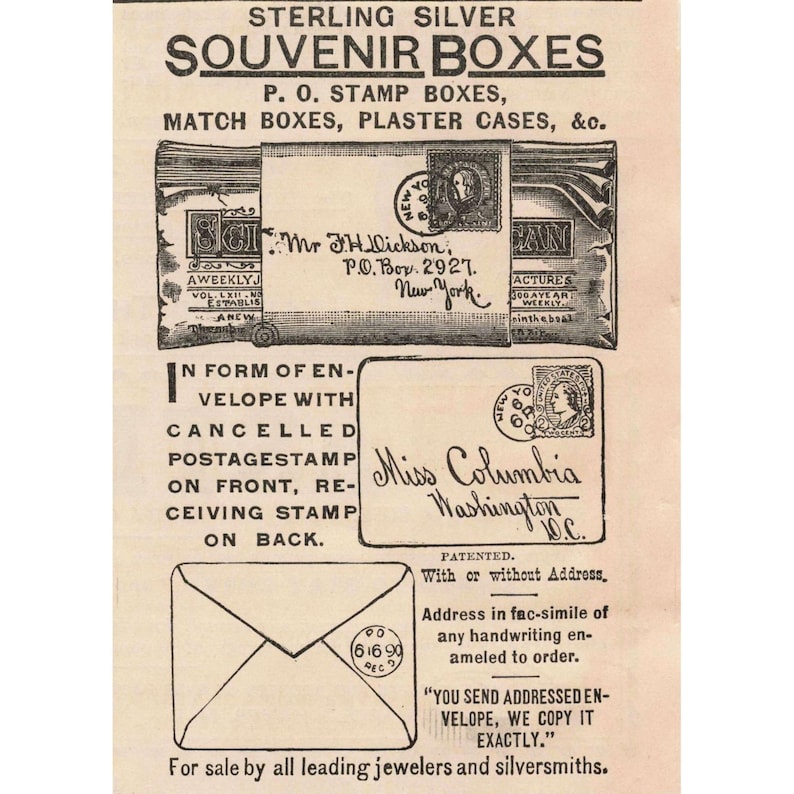 1891 Sterling Silver Souvenir Boxes P.O. Stamp Match Plaster Cases Print Ad image 1