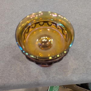 Vintage Indiana Glass Kings Crown Amber Carnival Glass Compote Iridescent Bowl image 2