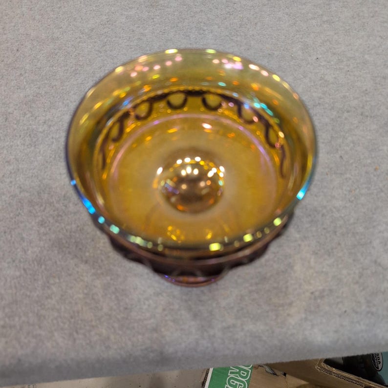 Vintage Indiana Glass Kings Crown Amber Carnival Glass Compote Iridescent Bowl image 2