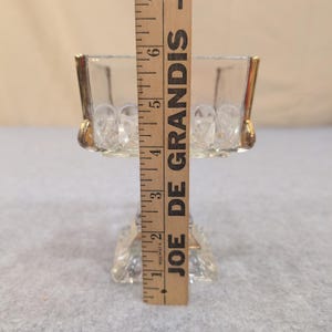 Vintage Clear Pressed Glass Square Pedestal Dish Gold Trim Thumbprint Pattern image 6