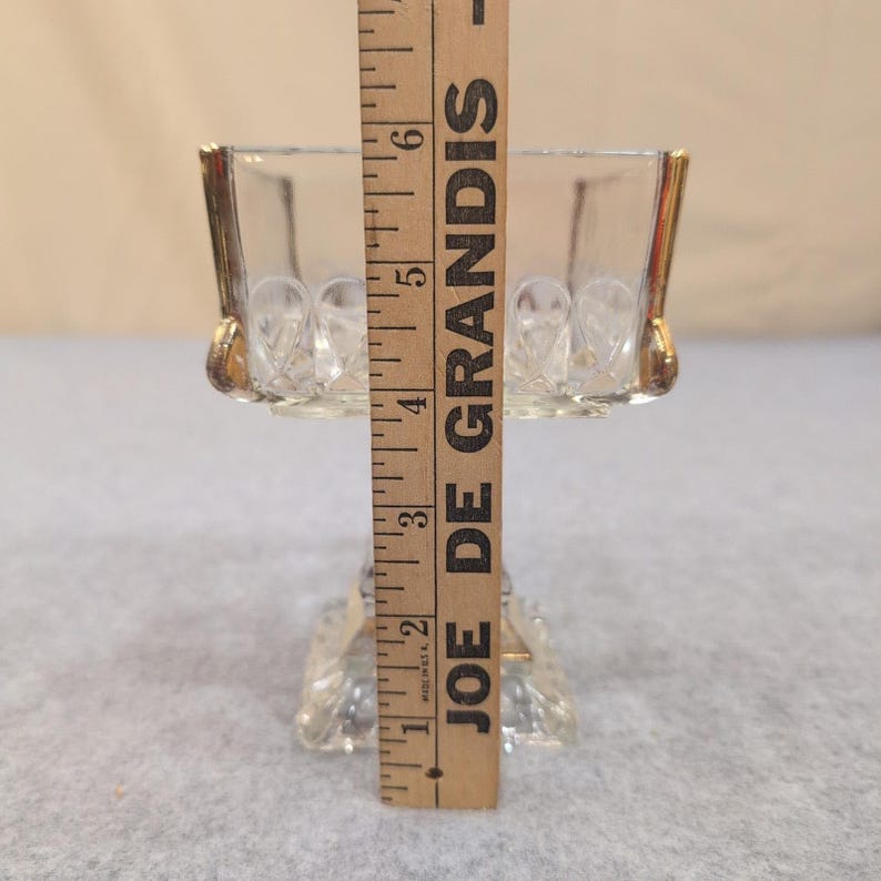 Vintage Clear Pressed Glass Square Pedestal Dish Gold Trim Thumbprint Pattern image 6