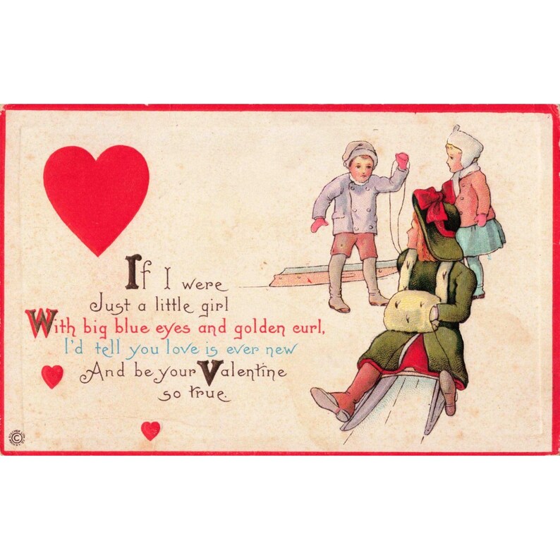 Vtg Valentine Postcard Stecher Litho Children Sledding Embossed Series 89 F image 1