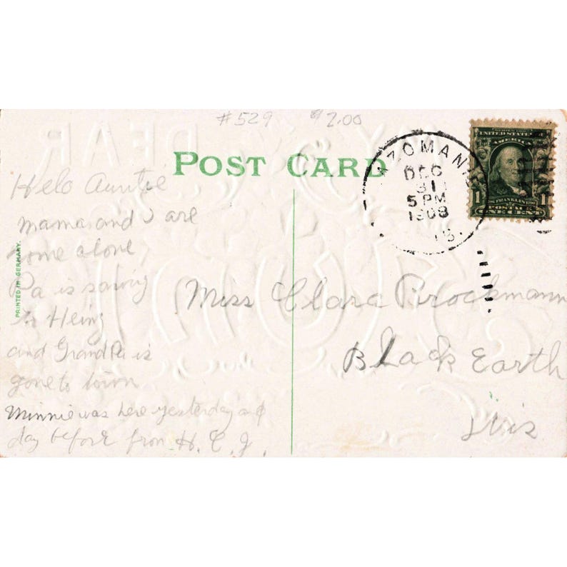 Vtg 1908 To My Dear Aunt Embossed Postcard Clover Lily Germany 1c Stamp afbeelding 2