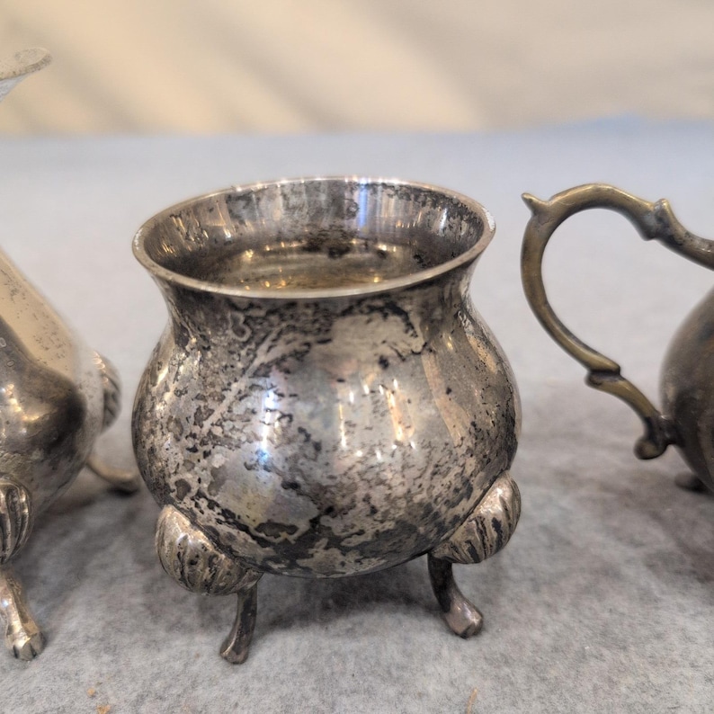 Vintage Miniature Silver Plate Tea Set Creamer Sugar Bowl Shell Feet 3pc image 3