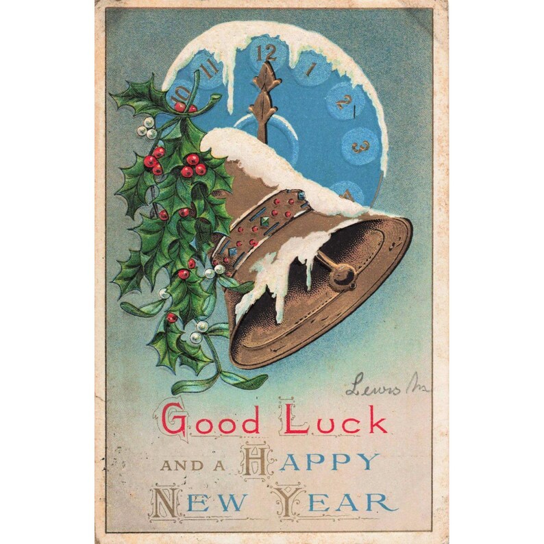 Vintage Happy New Year Postcard Embossed Bell Holly Clock 1912 Postmark Lewis M image 1