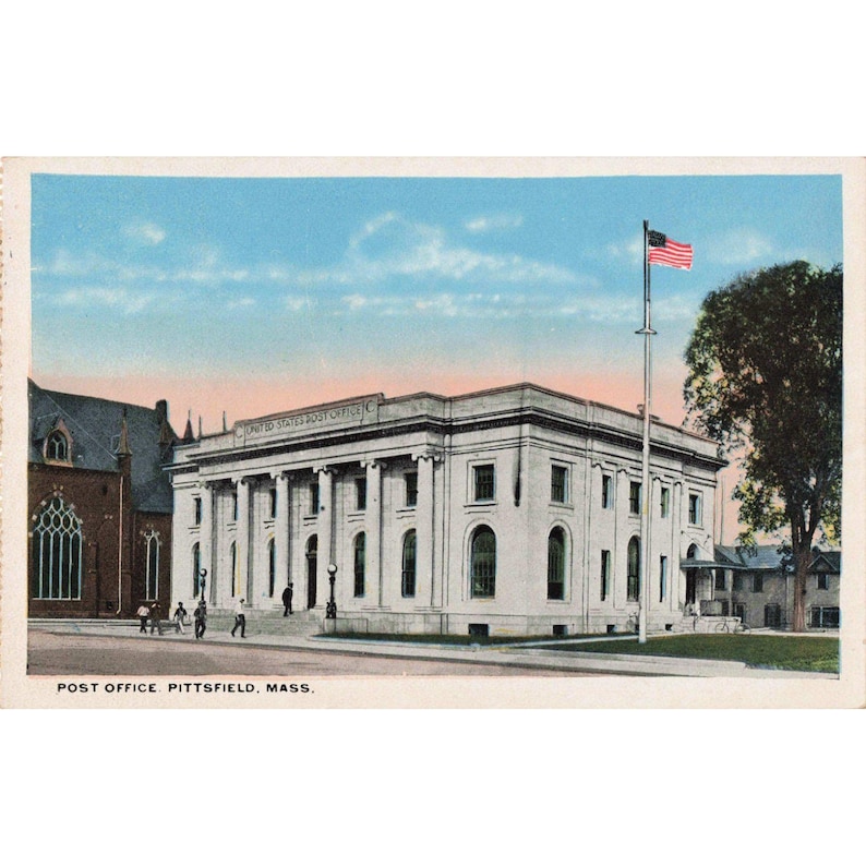 Postal antigua de lino de la oficina de correos de Pittsfield, Massachusetts. Arquitectura de Massachusetts. imagen 1