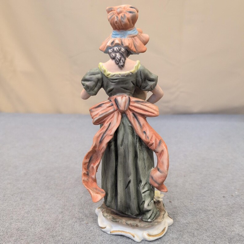 Vintage Hand Painted Porcelain Lady Figurine Green Dress Pink Flower Basket image 3