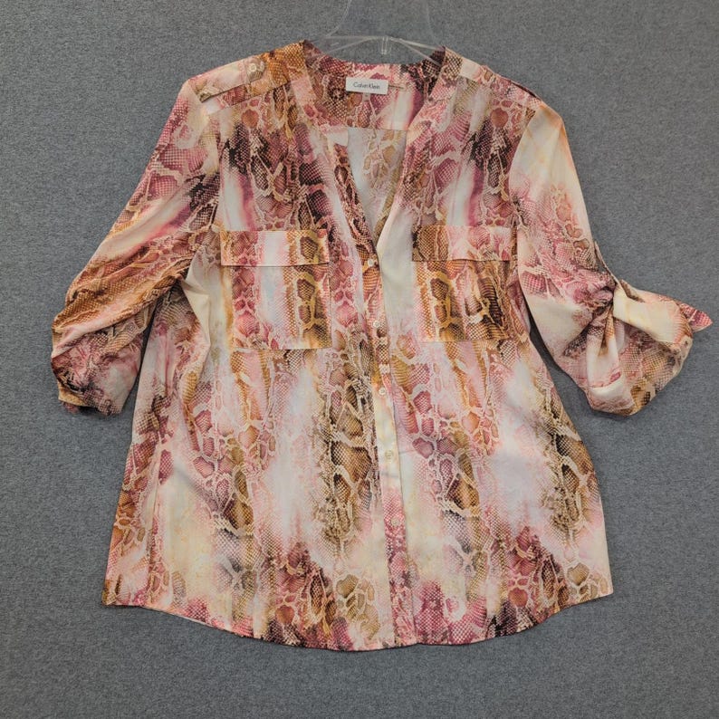 Calvin Klein Womens Snake Print Button Up Shirt Blouse Top XL Pink Orange image 2