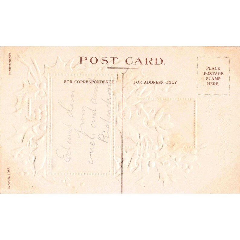 Vtg Embossed Christmas Postcard Snowy Cottage Cross Holly Germany Series 1053 image 2