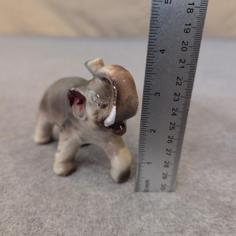 Vintage Ceramic Elephant Figurine Trunk Up Good Luck Glossy Grey Tan Painted image 2