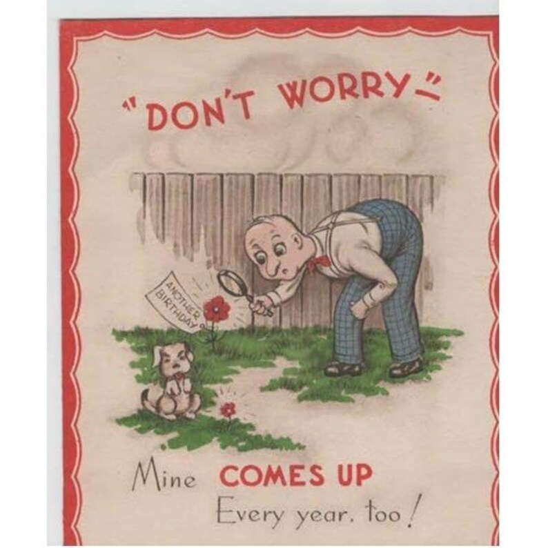 Vintage 1950s-60s Birthday Card Pop-Up Flower Man Magnifying Glass Dog Signed image 1