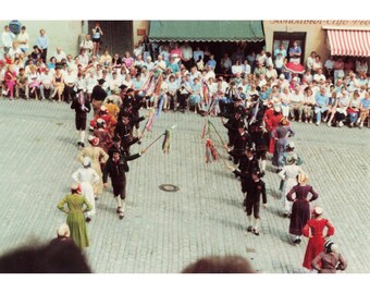 Vintage Photo European Folk Dance Festival Cobblestone Town Square Costume VG+