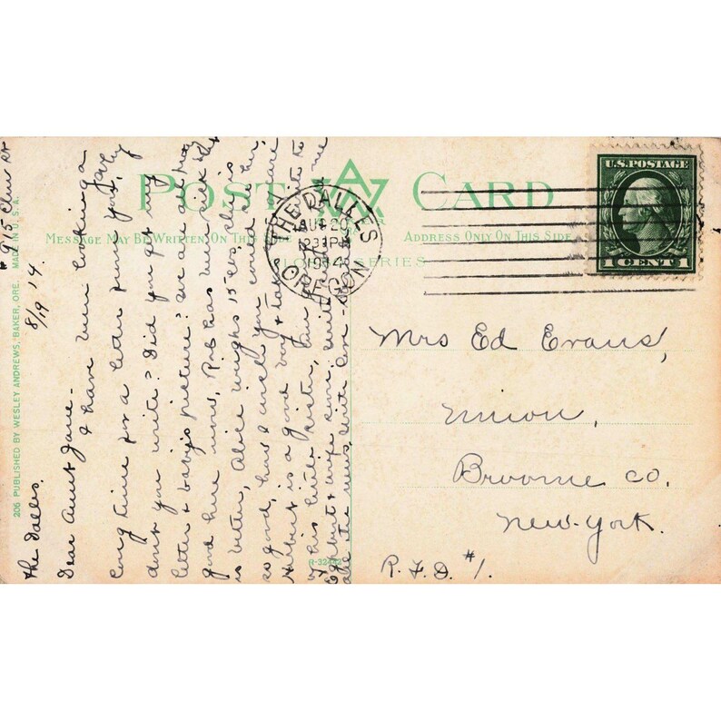 Carte postale ancienne représentant un coucher de soleil sur le fleuve Columbia, 1914, The Dalles, Oregon, Wesley Andrews image 2