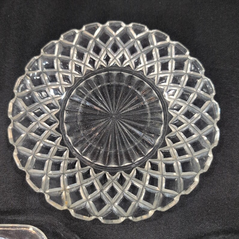 Vintage Clear Pressed Glass Plates Set of 3 Sunburst Diamond Point Floral image 5
