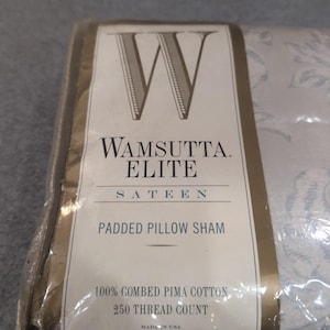 Wamsutta Elite Sateen Padded Pillow Sham King Damask 100% Pima Cotton White Blue image 3