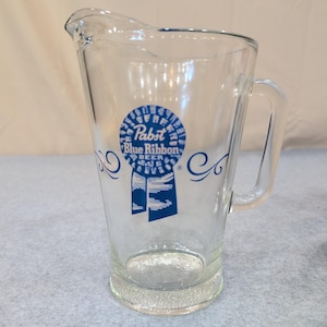 Vintage Pabst Blue Ribbon Beer Glass Pitcher Clear PBR Barware Logo Scroll image 1