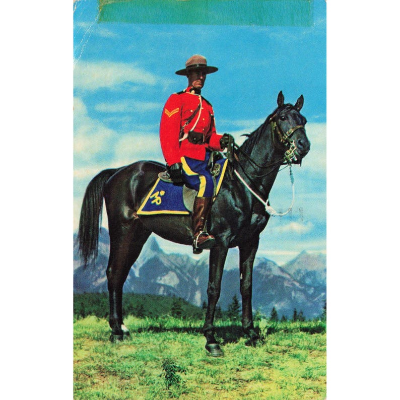 RCMP Mountie on Horseback Postcard 1959 Calgary Alberta 1962 Postmark Chrome image 1