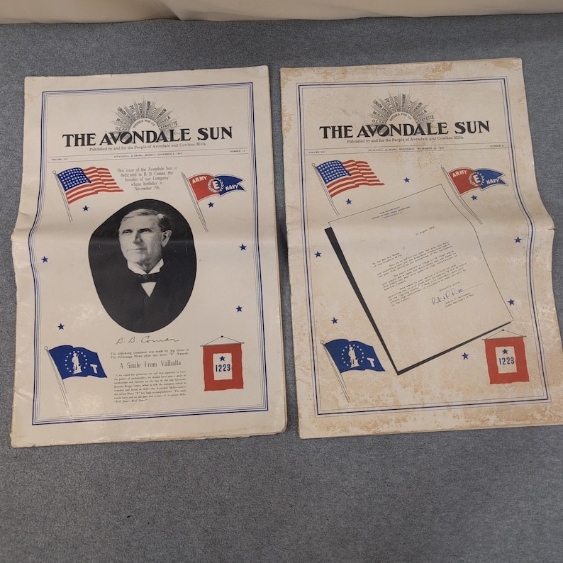 2 Avondale Sun Newspapers 1943 WWII Mill WINS Army-Navy Production Award Alabama image 1