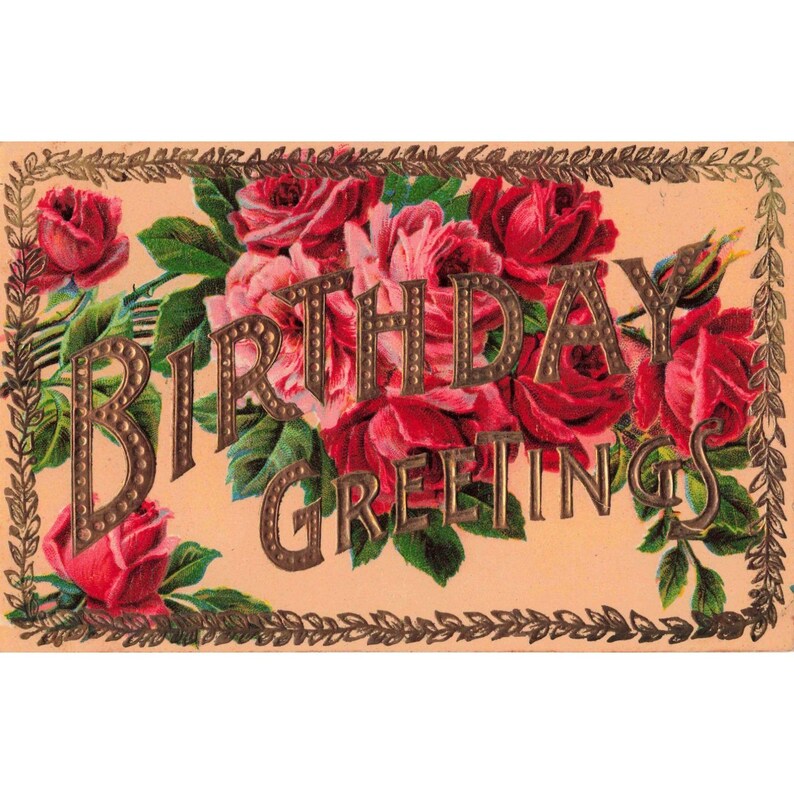 Antique 1911 Birthday Greetings Postcard Red Roses Embossed Gold Made in Germany image 1