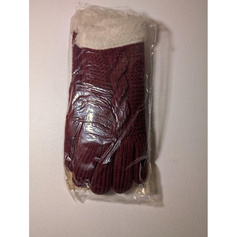 Vintage Sears Roebuck Cable Knit Gloves Burgundy Faux Fur Trim New Sealed image 3