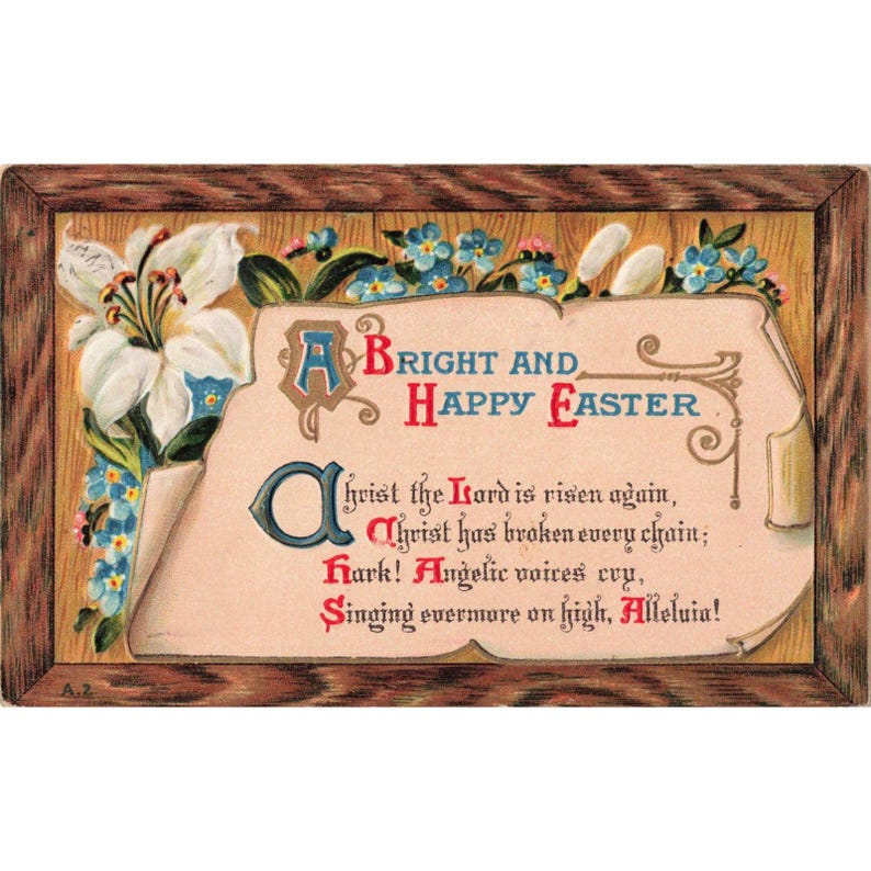 Postal de Pascua antigua de 1910 con relieve, poema religioso de lirio blanco, Manitowoc, WI VG imagen 1