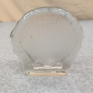 Vintage Clear Frosted Glass Scallop Sea Shell Paperweight Coastal Decor image 1