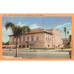 Postal antigua de lino del Auditorio Cívico de Pasadena, California, 1018 Kodachrome imagen 1